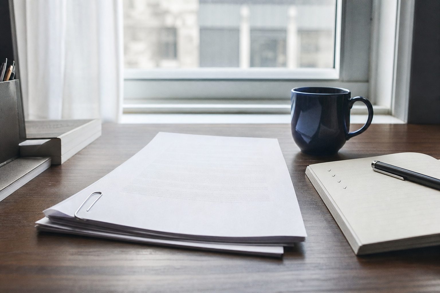 A printed manuscript stack and a dated notebook on a writer's desk in bright morning window light
