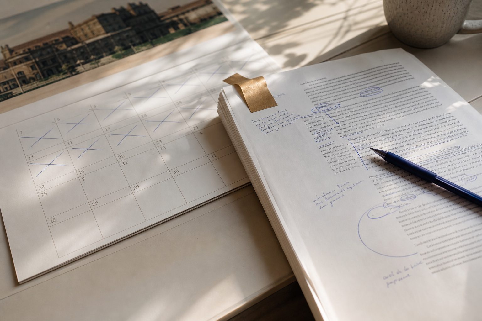 A wall calendar and a marked up printed chapter lit by morning light on a bright desk
