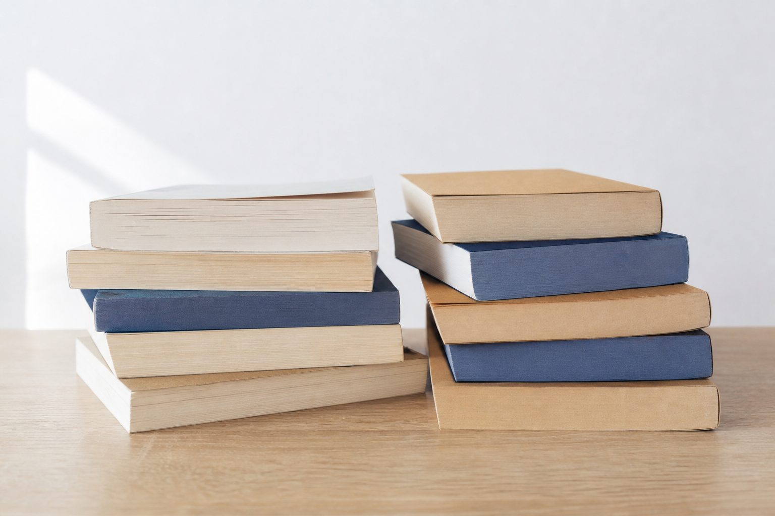 Two neat stacks of paperback books side by side on a pale wood table in diffused daylight