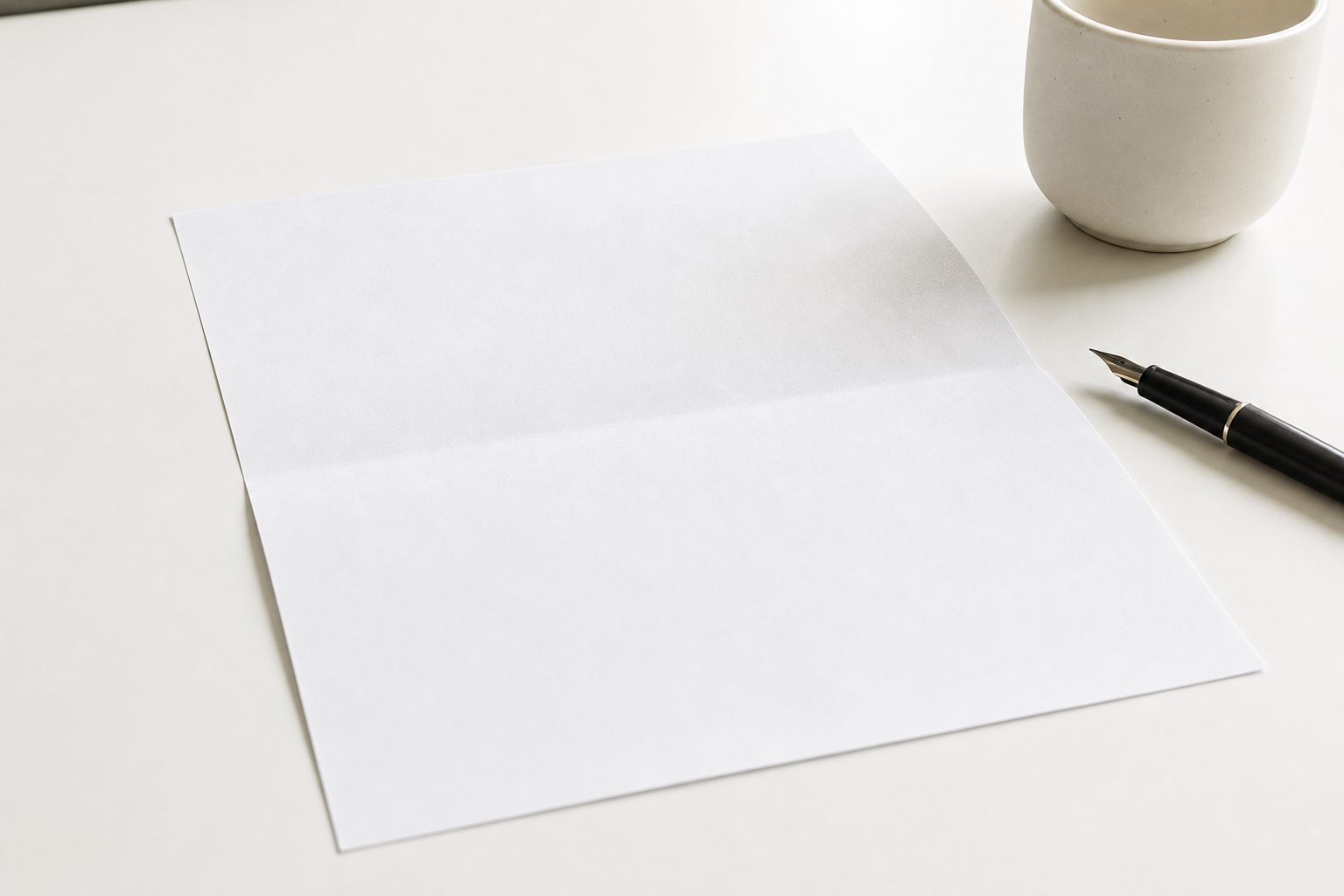 A single printed page beside a fountain pen and pale cup on a white desk in even daylight