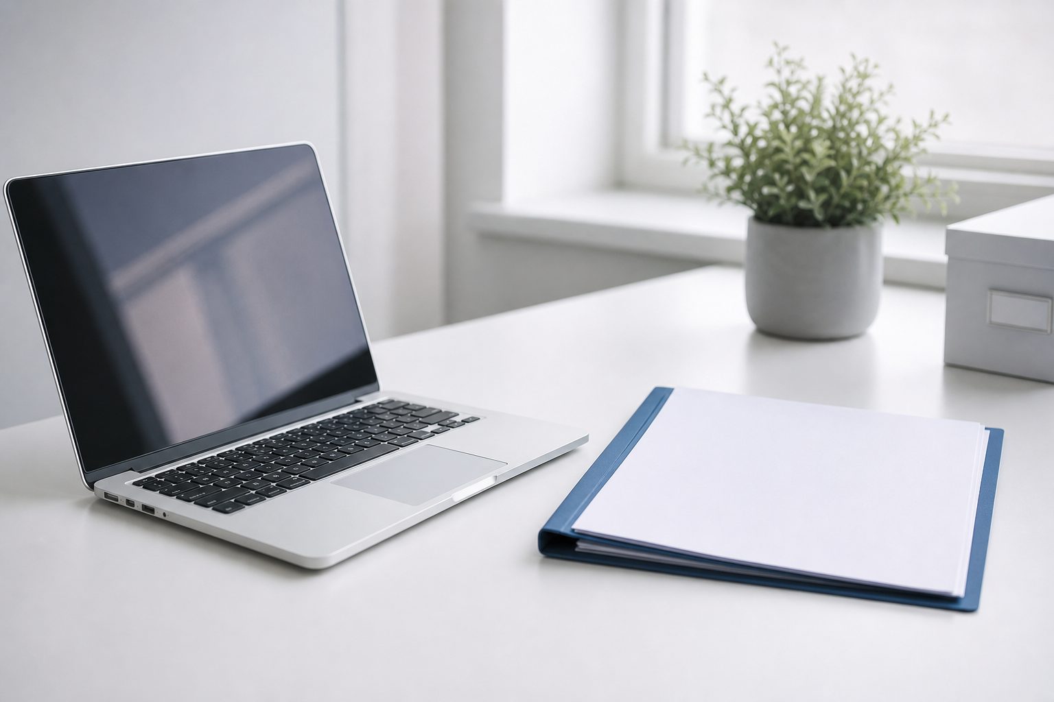 An open laptop and a thin folder of printed pages on a bright white desk in soft daylight