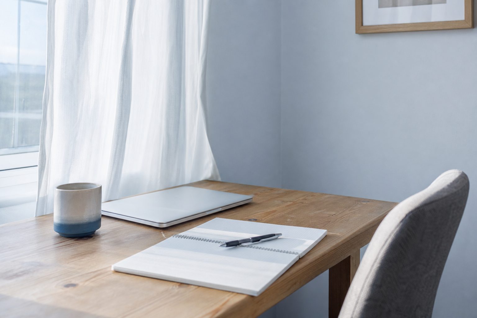 A small home writing corner at dawn with a closed laptop, notebook and mug in cool morning light