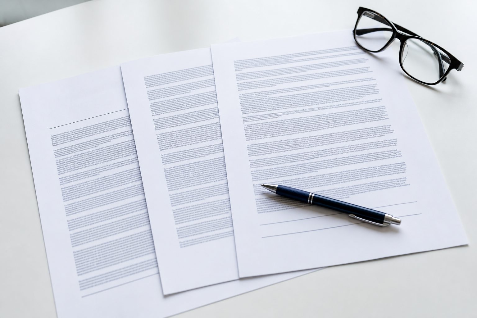 A multi page contract with a pen resting across it and reading glasses on a bright white table