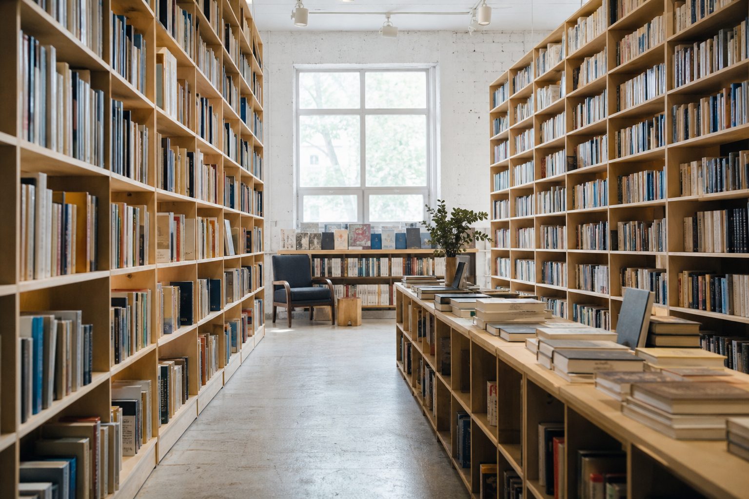 A bright independent bookstore aisle with pale wood shelving and soft window light