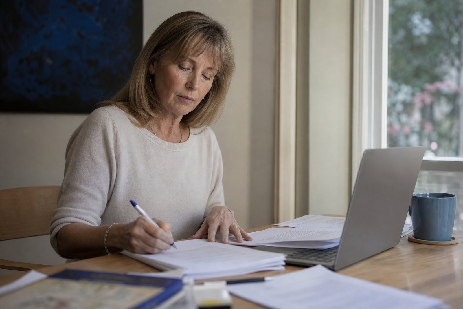 An author in her fifties working through a printed manuscript at a desk beside a window in morning light