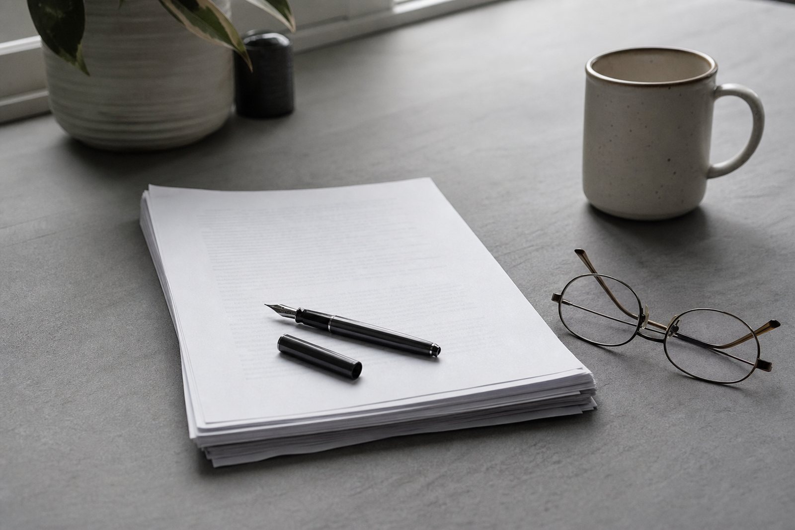 A stack of printed manuscript pages beside a fountain pen, a mug and reading glasses on a pale writing desk